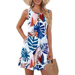 Women's Blue Plantain Sleeveless Crew Neck Summer Boho Beach Dress with Pockets